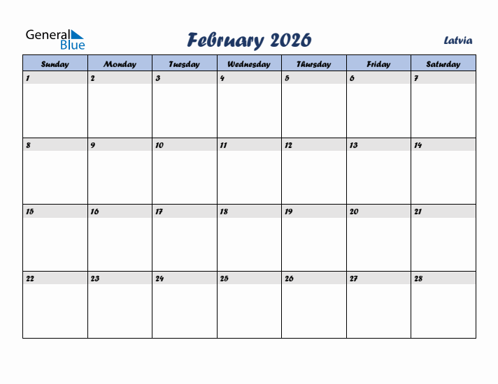 February 2026 Calendar with Holidays in Latvia