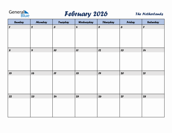 February 2026 Calendar with Holidays in The Netherlands