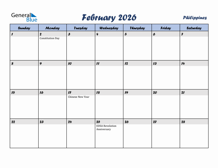 February 2026 Calendar with Holidays in Philippines