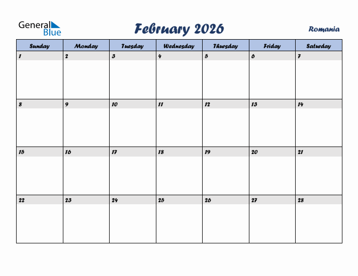 February 2026 Calendar with Holidays in Romania