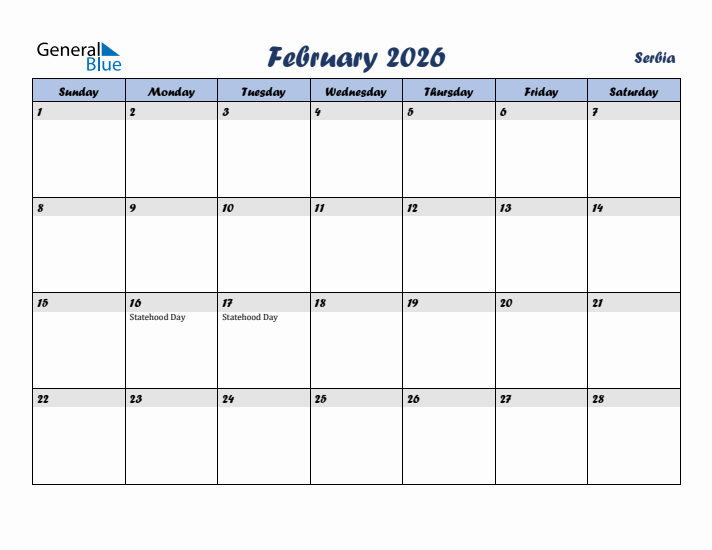 February 2026 Calendar with Holidays in Serbia