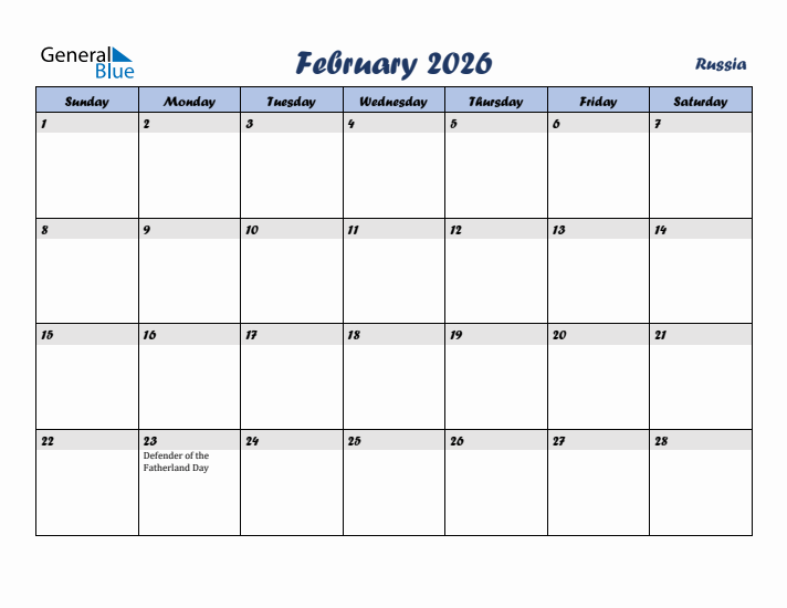 February 2026 Calendar with Holidays in Russia