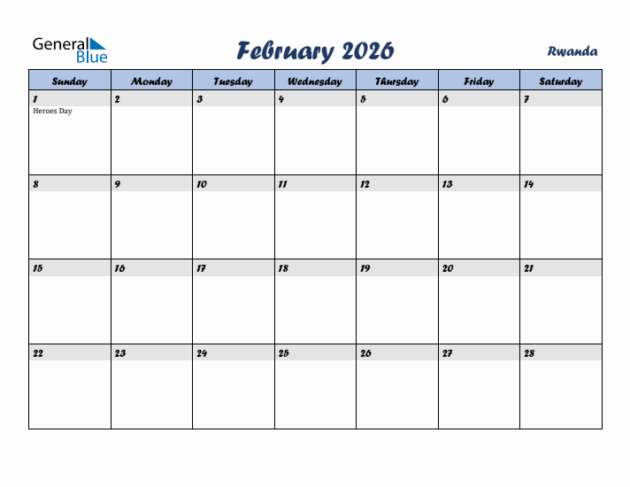 February 2026 Calendar with Holidays in Rwanda