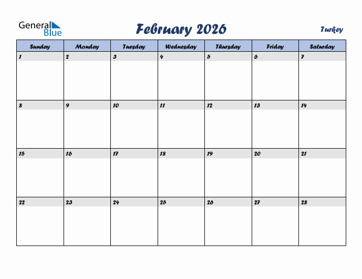 February 2026 Calendar with Holidays in Turkey