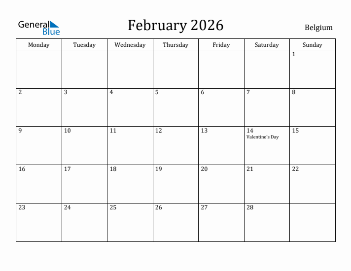 February 2026 Calendar Belgium