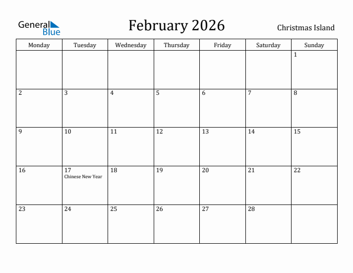 February 2026 Calendar Christmas Island