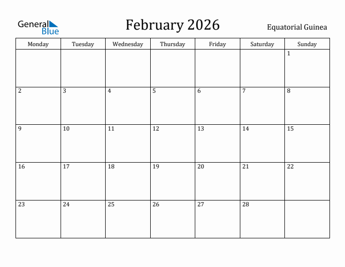 February 2026 Calendar Equatorial Guinea