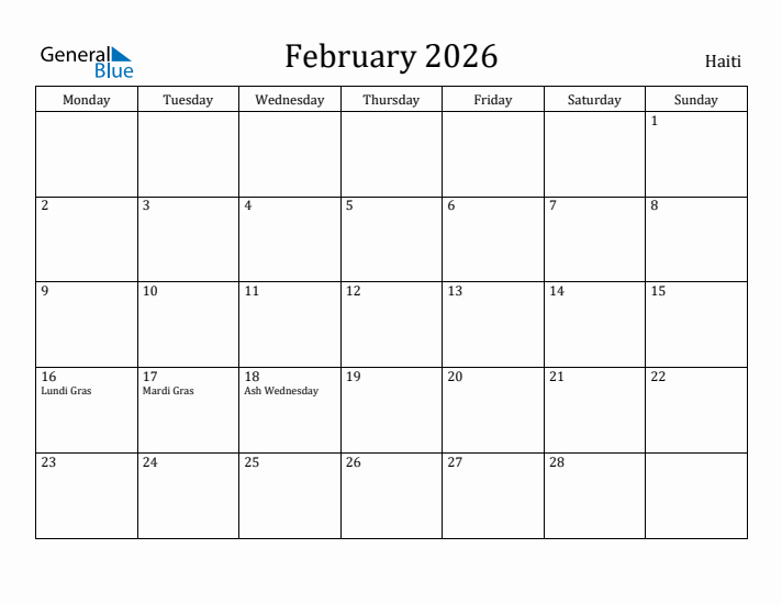 February 2026 Calendar Haiti