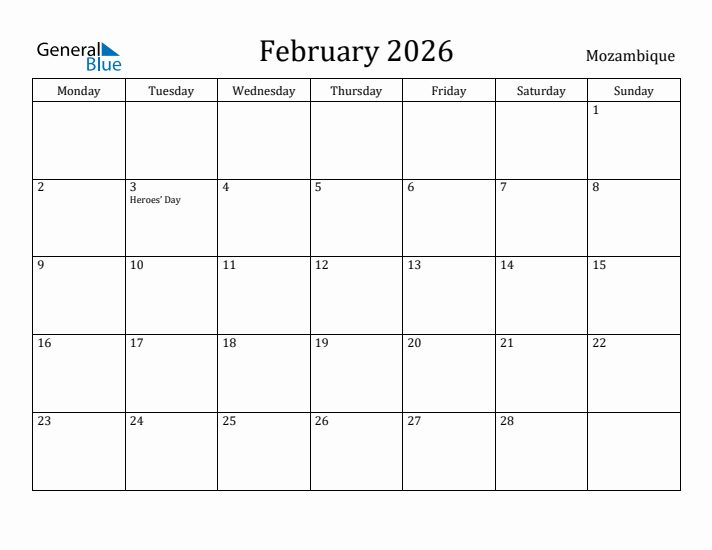 February 2026 Calendar Mozambique