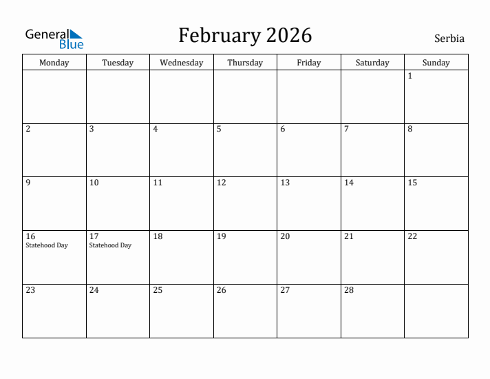 February 2026 Calendar Serbia