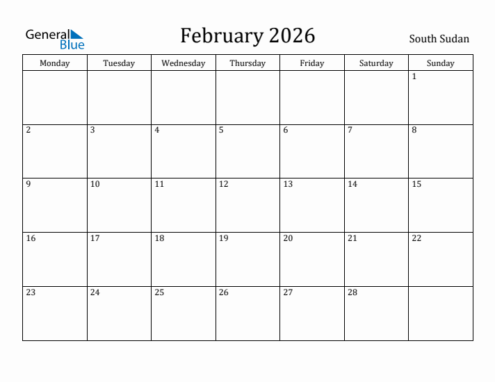 February 2026 Calendar South Sudan