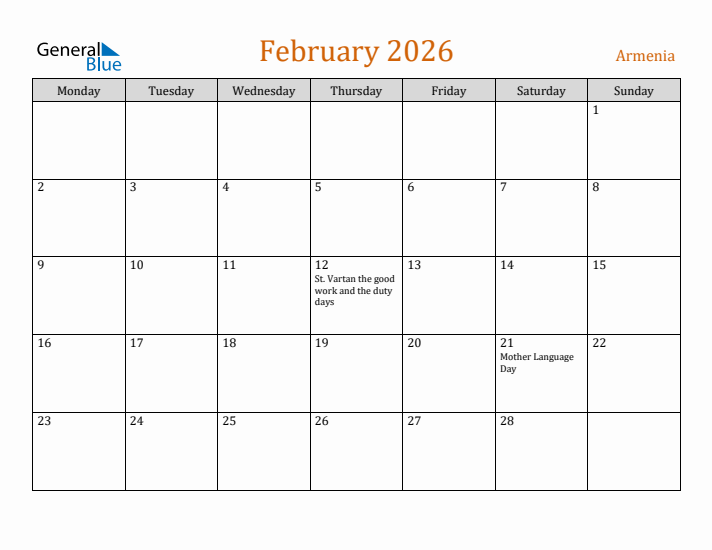 February 2026 Holiday Calendar with Monday Start