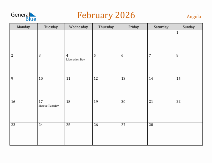 February 2026 Holiday Calendar with Monday Start