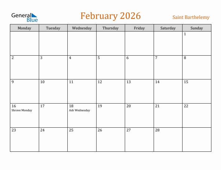 February 2026 Holiday Calendar with Monday Start