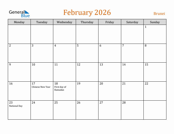 February 2026 Holiday Calendar with Monday Start