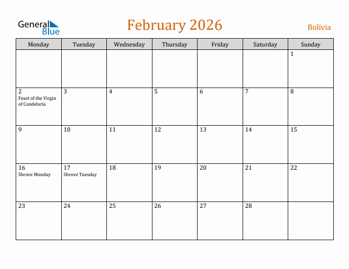 February 2026 Holiday Calendar with Monday Start