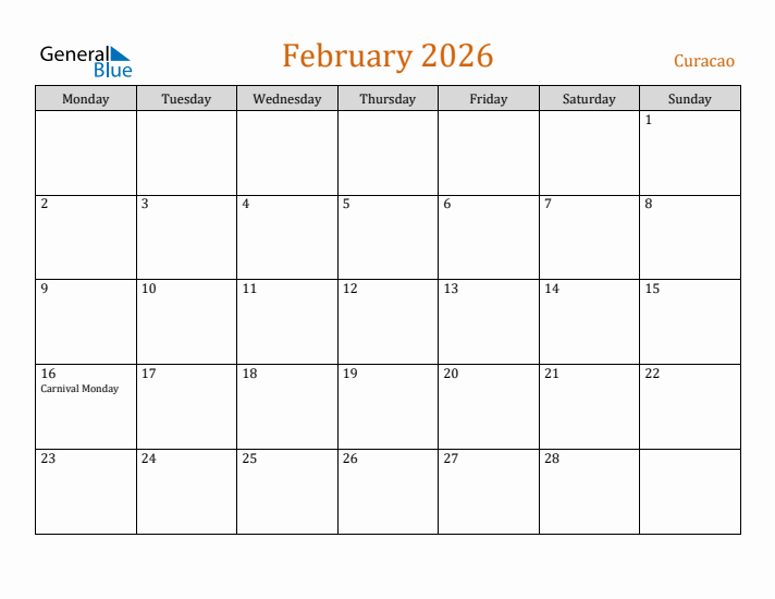 February 2026 Holiday Calendar with Monday Start