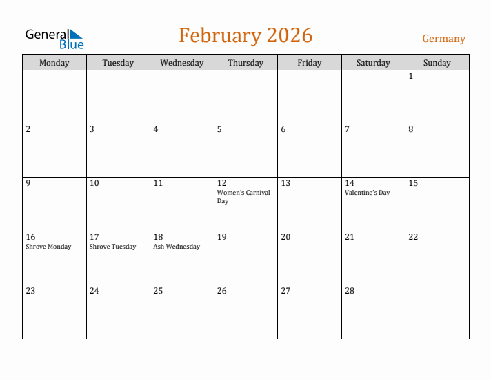 February 2026 Holiday Calendar with Monday Start