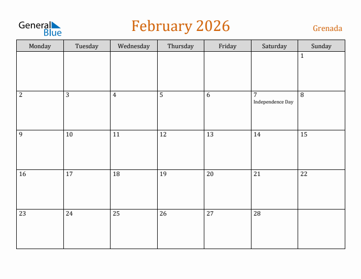 February 2026 Holiday Calendar with Monday Start