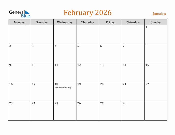 February 2026 Holiday Calendar with Monday Start