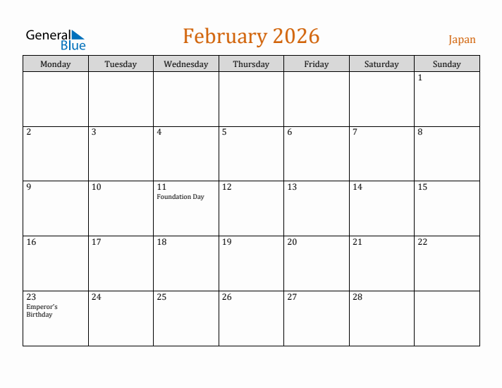 February 2026 Holiday Calendar with Monday Start