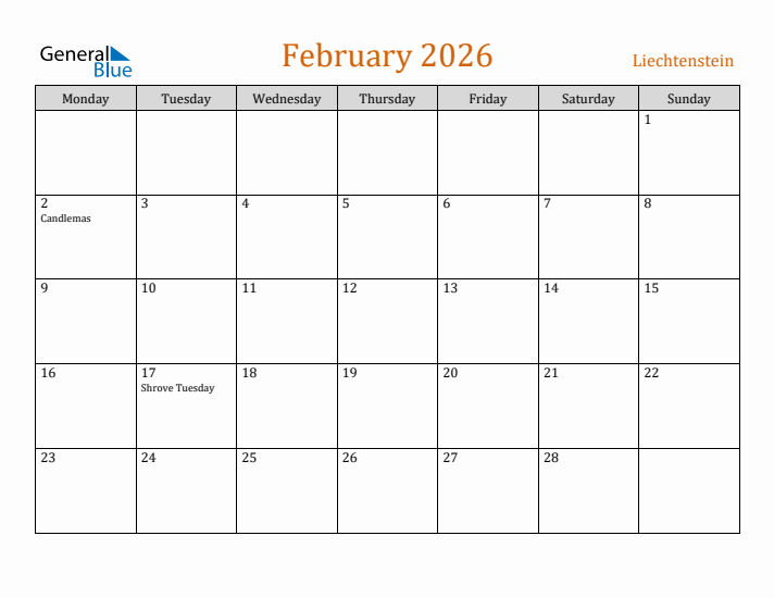 February 2026 Holiday Calendar with Monday Start