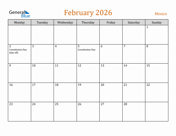 February 2026 Holiday Calendar with Monday Start