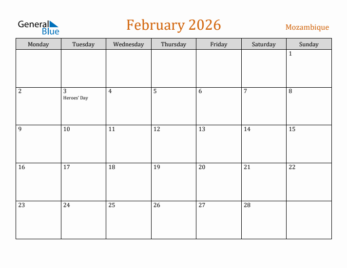 February 2026 Holiday Calendar with Monday Start