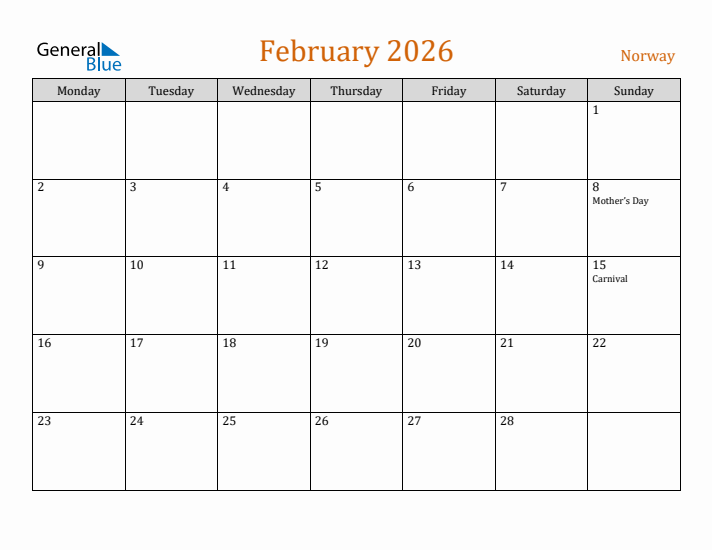 February 2026 Holiday Calendar with Monday Start