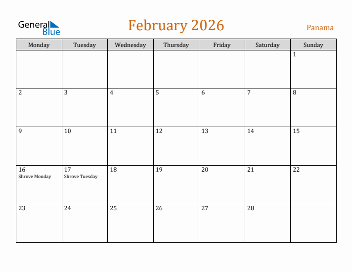 February 2026 Holiday Calendar with Monday Start