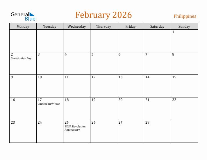 February 2026 Holiday Calendar with Monday Start