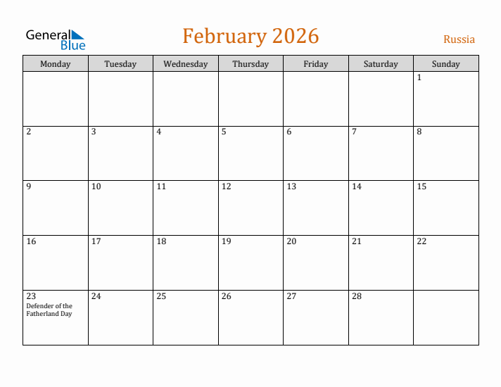 February 2026 Holiday Calendar with Monday Start