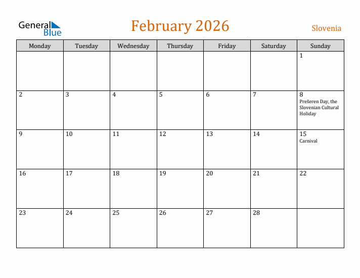 February 2026 Holiday Calendar with Monday Start