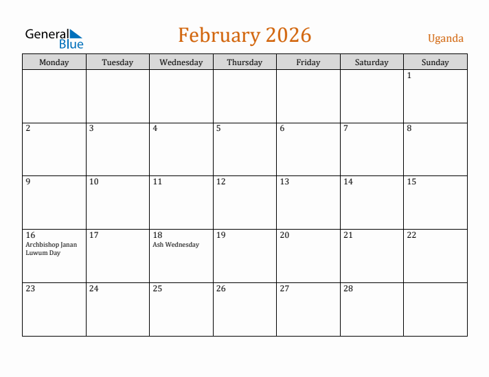 February 2026 Holiday Calendar with Monday Start