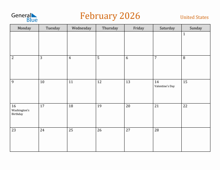 February 2026 Holiday Calendar with Monday Start