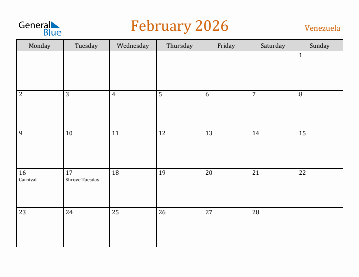 February 2026 Holiday Calendar with Monday Start