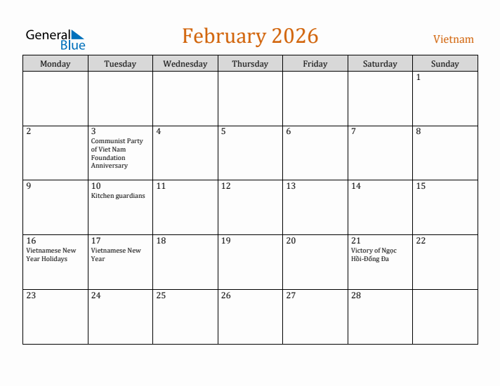 February 2026 Holiday Calendar with Monday Start