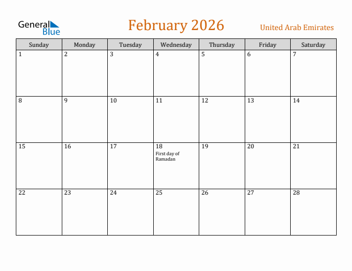 February 2026 Holiday Calendar with Sunday Start