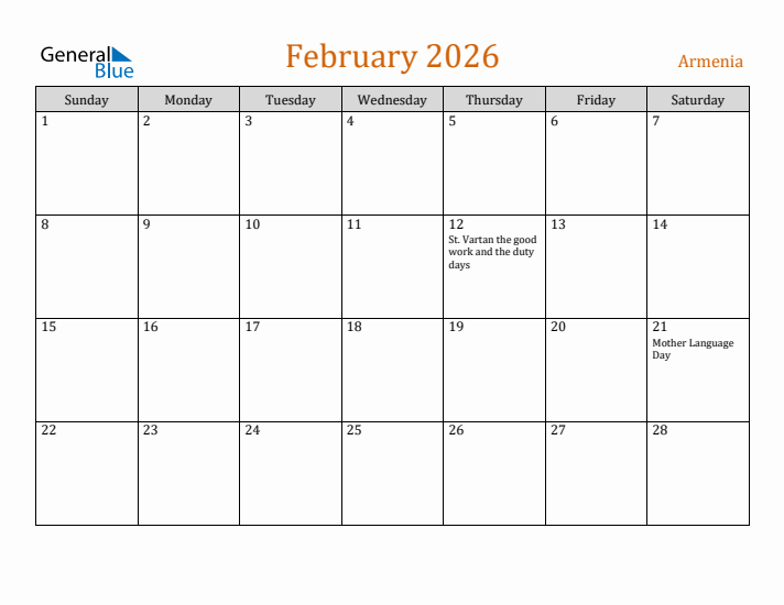 February 2026 Holiday Calendar with Sunday Start