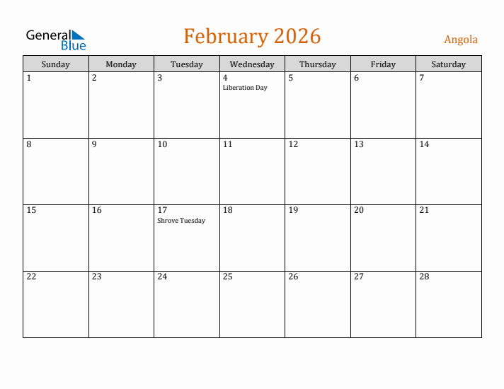 February 2026 Holiday Calendar with Sunday Start