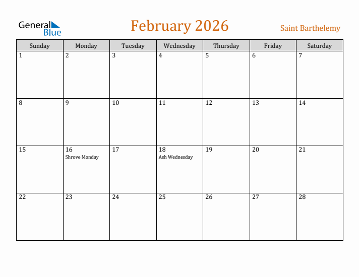 February 2026 Holiday Calendar with Sunday Start