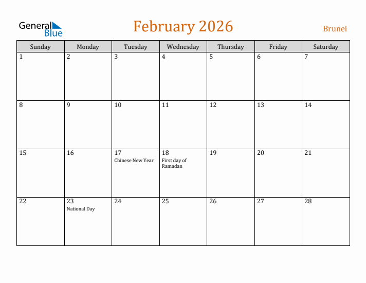 February 2026 Holiday Calendar with Sunday Start