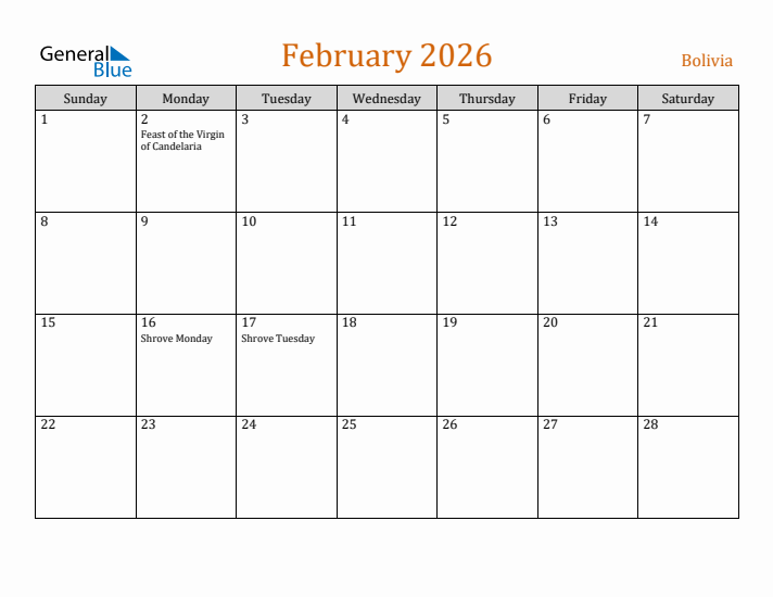 February 2026 Holiday Calendar with Sunday Start