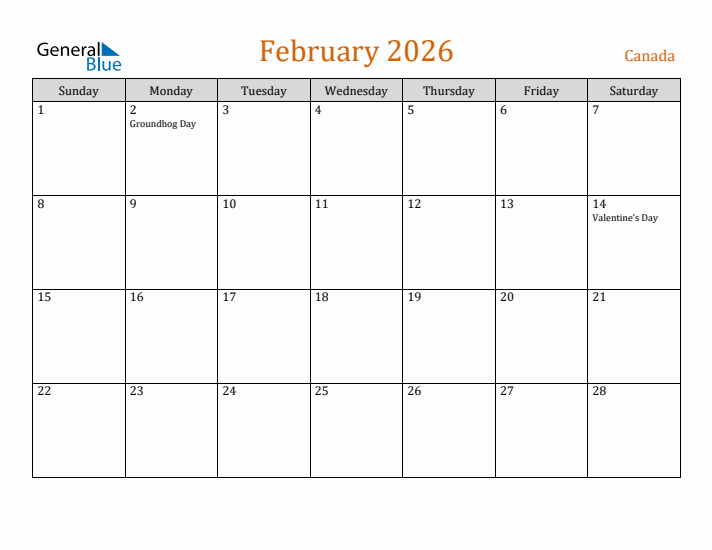 February 2026 Holiday Calendar with Sunday Start