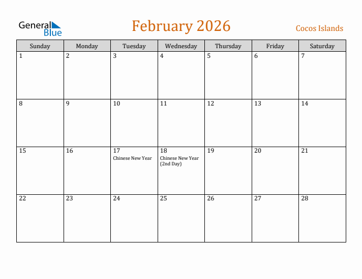 February 2026 Holiday Calendar with Sunday Start