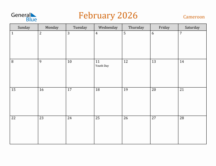 February 2026 Holiday Calendar with Sunday Start