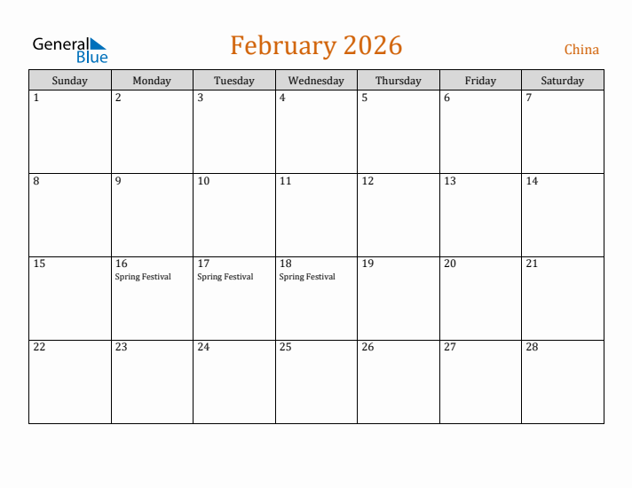 February 2026 Holiday Calendar with Sunday Start