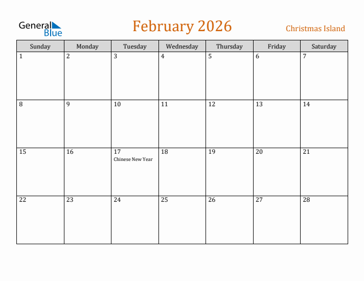 February 2026 Holiday Calendar with Sunday Start