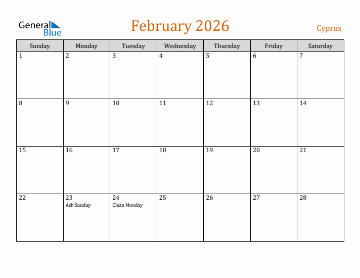 February 2026 Holiday Calendar with Sunday Start