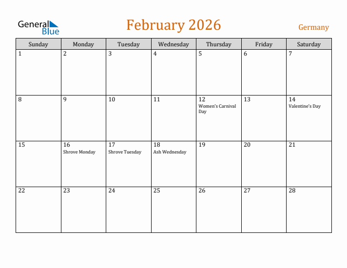 February 2026 Holiday Calendar with Sunday Start